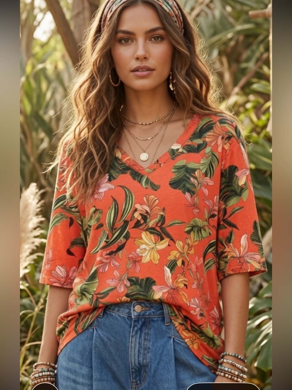 Chico’s Pima Cotton Tropical Floral V-Neck Tee Size 4 XXL Coral  resort